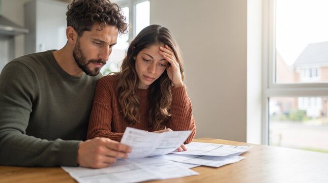 Stressed couple calculating family budget and managing financial debt holding tax documents at home. Worried young adults dealing with high mortgage rates, loan bills and banking inflation crisis.