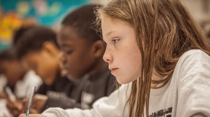 Fototapeta premium Group of students concentrating on timed practice exercises in a bright classroom during a weekend standardized test prep workshop with main focus on a focused girl.