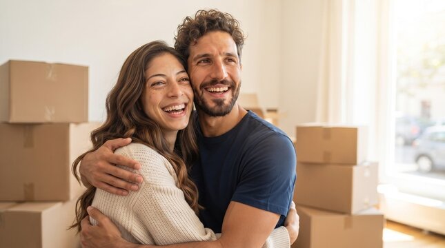 Happy smiling couple hugging in new empty apartment with cardboard boxes celebrating home loan mortgage approval real estate property purchase moving day success together modern indoor room.