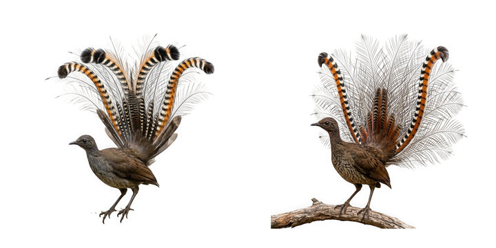 Two lyrebirds displaying their elaborate tail feathers isolated on transparent background