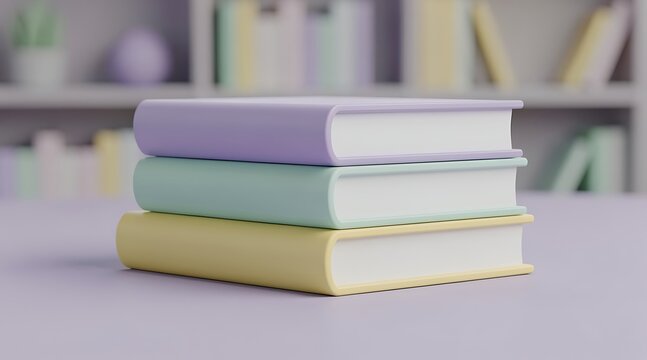 Stack of three pastel colored books on a white table with a blurred background of shelves.
