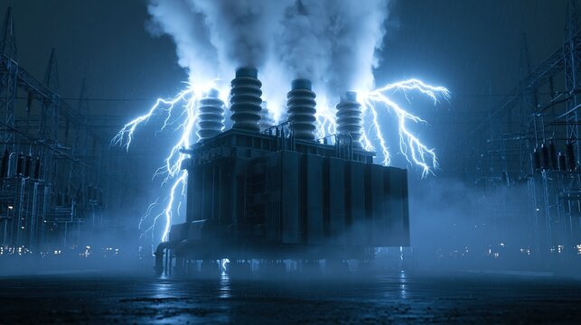 Massive electrical transformer in a substation crackles with blue lightning and billows smoke.