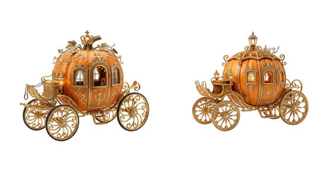 Fototapeta premium Two ornate pumpkin carriages decorated with gold filigree isolated on transparent background