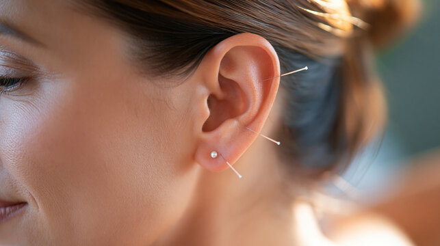Faceless close-up of acupuncture needles placed in a woman's ear, auricular therapy concept, with copy space