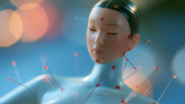 Figurine model depicting traditional acupuncture points on the human body, educational medicine reference concept, with copy space