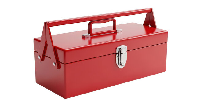Red metal tool box for repair work isolated on transparent background
