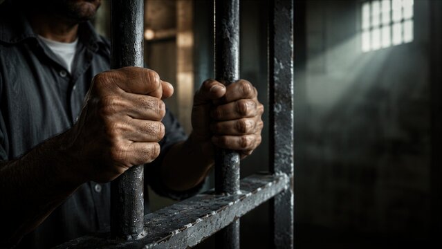 Close-Up of Prison Inmate Gripping Steel Bars in Dimly Lit Correctional Facility Cell