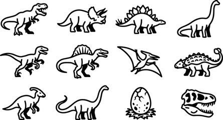 Set of Various Dinosaur Species Line Art Illustrations. © Merah