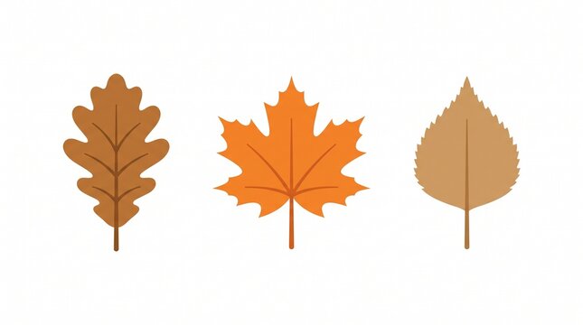 Autumn leaves collection, flat vector icons of oak maple and birch foliage, orange and brown fall leaf set on white background