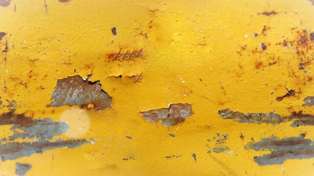Seamless 4K looping vertical movement across weathered yellow painted metal with rust and peeling paint. Perfect for industrial backgrounds grunge visuals and creative overlays.