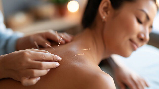 Therapist inserting additional acupuncture needles into upper back muscles during an electroacupuncture treatment for pain management and recovery, with copy space