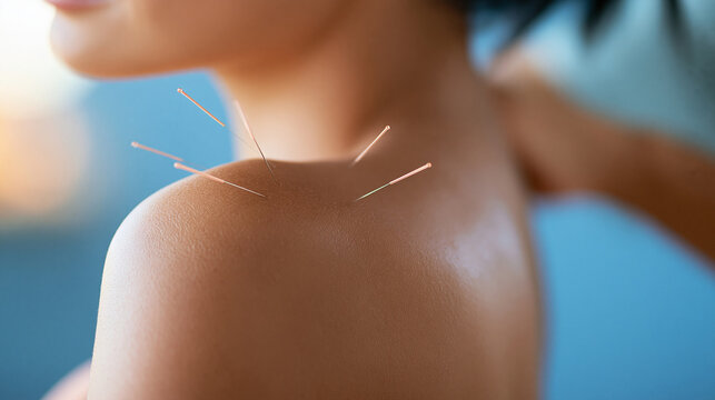 Faceless model showing acupuncture needles inserted into the shoulder area, traditional therapy demonstration concept, with copy space