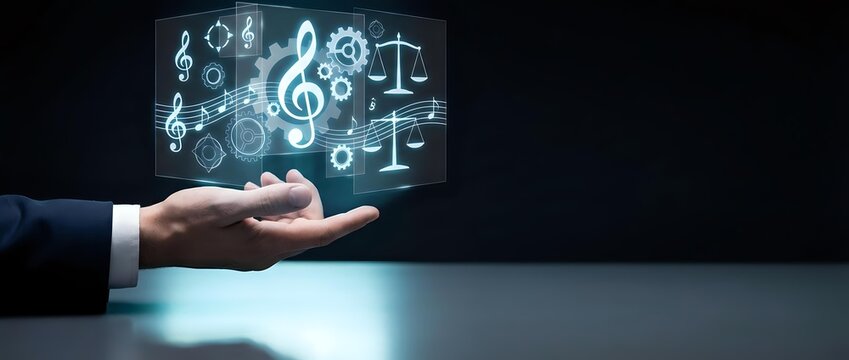 Businessman hand holding glowing digital music notes and legal scales symbols, representing copyright law, intellectual property rights, and entertainment industry regulations.