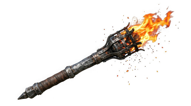 Medieval iron torch with burning flames isolated on transparent background
