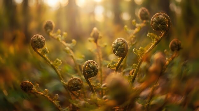 Fern fiddleheads unfurling in golden sunlight with morning dew, showcasing delicate spiral fronds in natural forest setting for botanical and nature backgrounds.