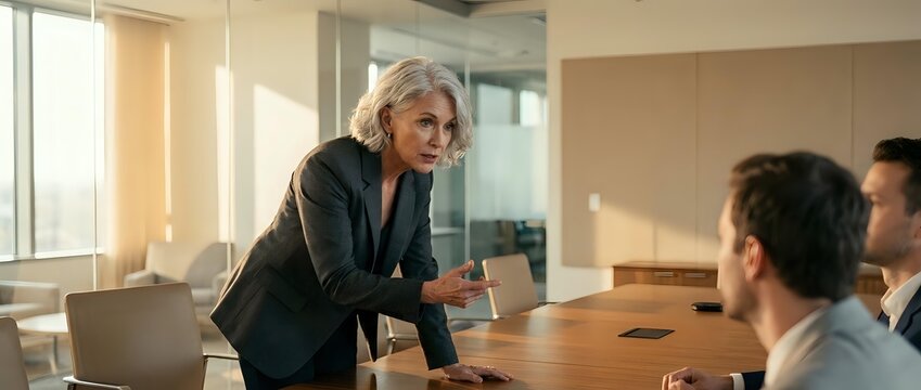 Senior woman with white hair, Caucasian ethnicity, wearing dark blazer, leaning forward on wooden conference table during business meeting with diverse colleagues in modern office setting.
