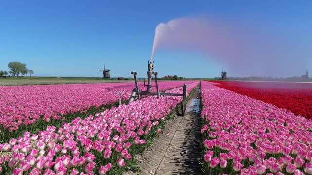 Sprinkler irrigating tulip fields in holland with windmills