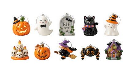 Fototapeta premium Set of ten colorful halloween themed ornaments including ghosts, pumpkins, and a witch isolated on transparent background