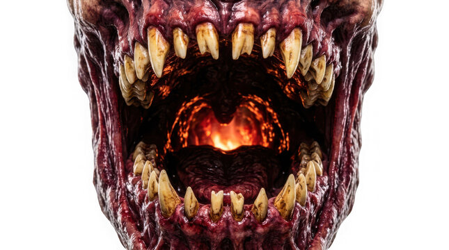 Close up of a terrifying monster mouth with sharp yellow teeth and glowing throat isolated on transparent background
