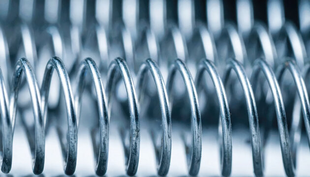 Close-up view of a shiny metallic coil spring with a uniform pattern in industrial lighting.