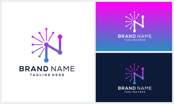 Monogram initial letter N with dot biotechnology molecule and data network for technology logo design