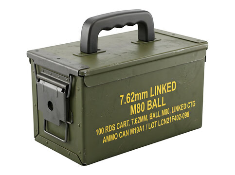 Military ammunition box for 762mm linked m80 ball cartridges isolated on transparent background