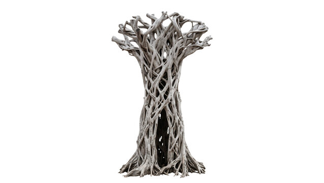 Gnarled Strangler Fig Tree Trunk with Interwoven Roots Isolated on Transparent Background
