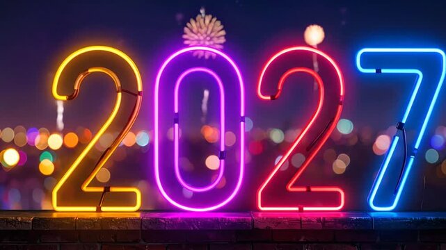 Bright neon numbers display the upcoming year at night time
