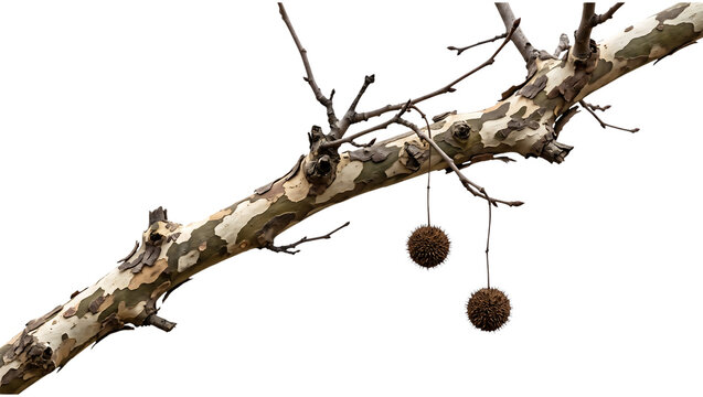 Diagonal Sycamore Branch with Peeling Bark and Spiky Seed Pods Isolated on Transparent Background