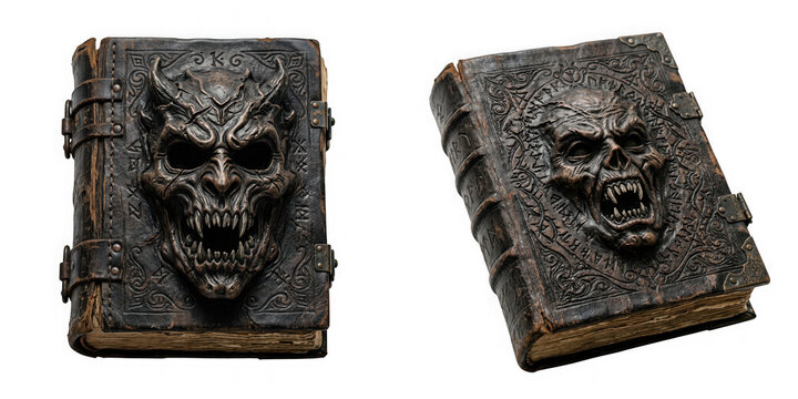Ancient dark magic book with a demonic skull face on the cover isolated on transparent background