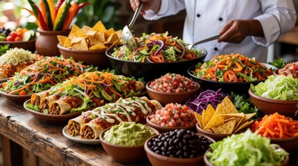 Obraz premium Professional chef serves Mexican food at festive buffet table. Delicious enchiladas with fresh salad, salsa bowls ready for party guests. Variety of colourful snacks nachos beans, guacamole provide