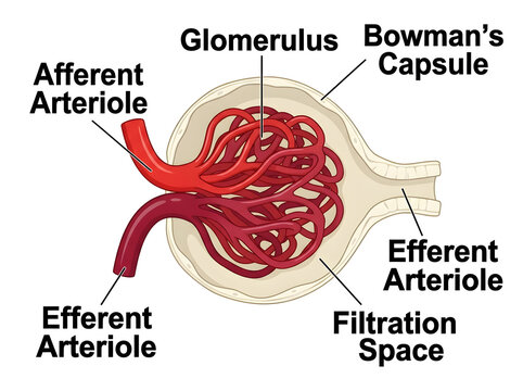Human kidney nephron glomerulus with blood vessels illustration isolated on white background