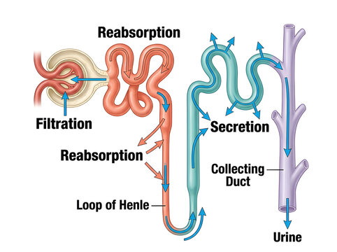 Human kidney nephron process with urine formation illustration isolated on white background