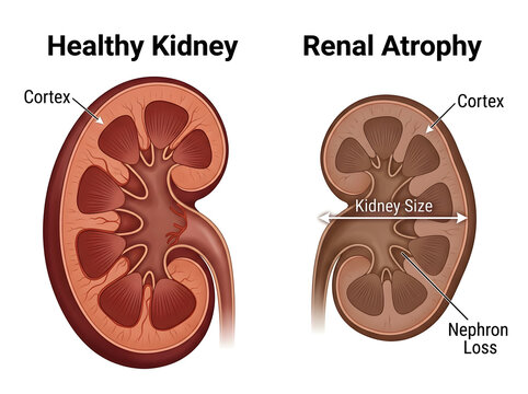Comparison of healthy kidney and renal atrophy illustration isolated on white background
