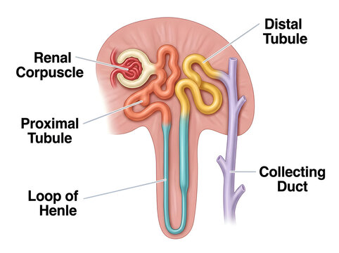 Anatomical diagram of nephron with labeled parts isolated on white background