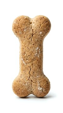 Whole wheat dog treat bone shaped biscuit with visible cracks and flour dusting, isolated on white background for pet food packaging and advertising.