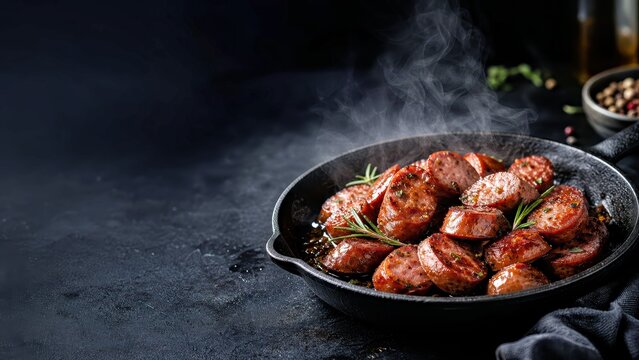 Sizzling grilled sausage slices with rosemary in steaming cast iron skillet for barbecue menu advertising and rustic restaurant branding.

