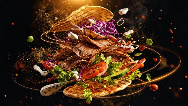 Gourmet stacked sandwich with roasted meat fresh salad and dramatic golden motion accents on black background for luxury food advertising and menu branding.

