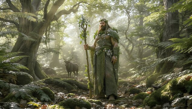 A mythical male nature protector or elven druid in a clothing made of organic materials leaves, and vines, holding a wooden staff in a sun-lit dense enchanted forest,  surrounded by wildlife, 