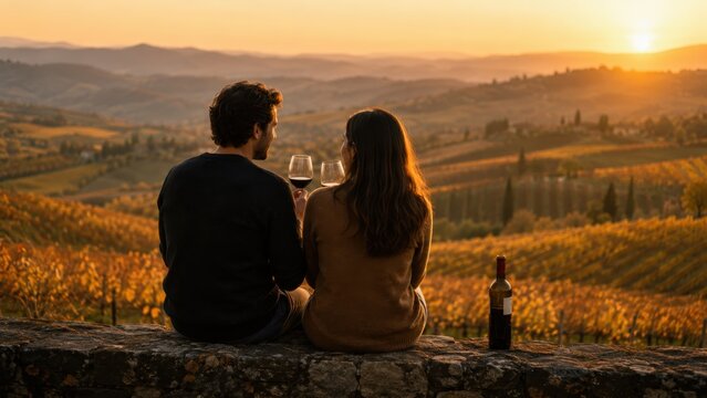 Paar genie&szlig;t ein Glas Rotwein mit Blick &uuml;ber die herbstlichen Weinberge der Toskana. Warme Abendsonne und sanfte H&uuml;gel schaffen eine romantische Atmosph&auml;re voller Genuss.