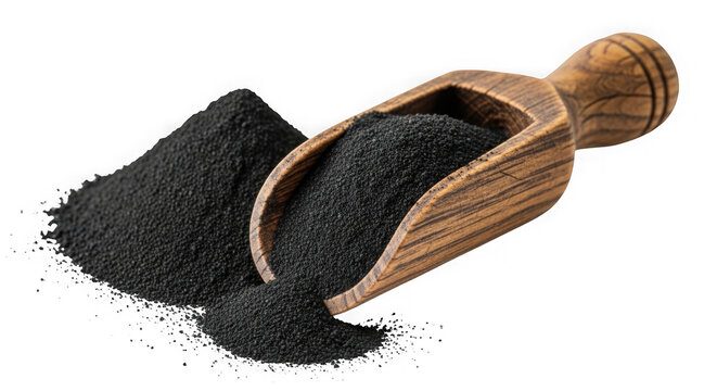 Wooden scoop with a pile of healthy black cumin seeds isolated on transparent background