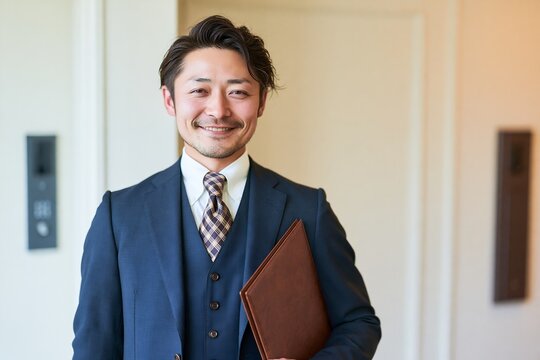 笑顔で書類ケースを持つ信頼感あふれるビジネスマン日本人男性