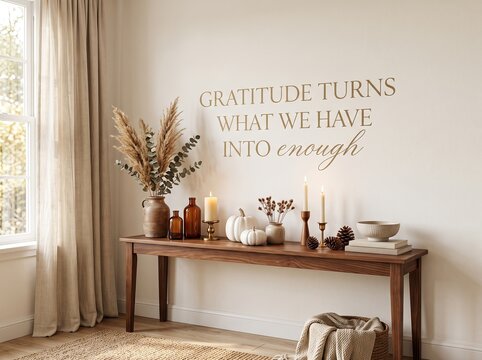 Cozy autumn entryway decor with a wooden console table and gratitude wall decal with thanksgiving quote