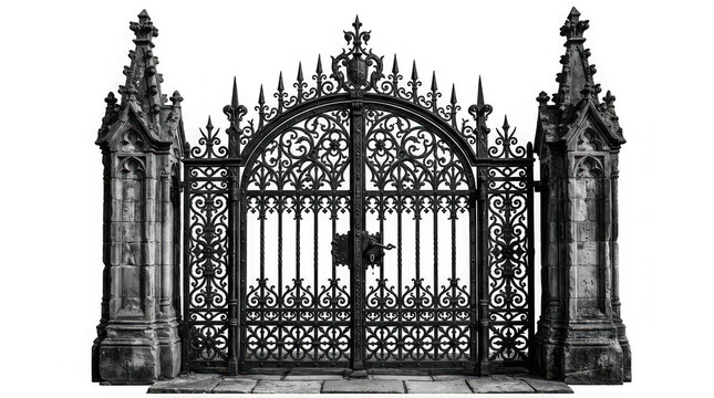 Ornate gothic iron gate isolated on transparent background