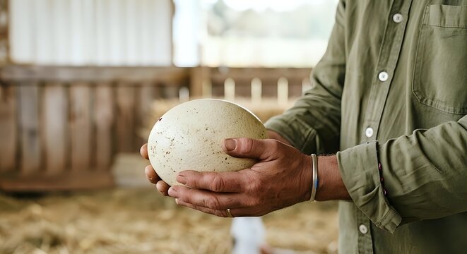 Farmer holding large ostrich egg in hands at poultry farm, showcasing agricultural production and livestock management for farming and rural business content.