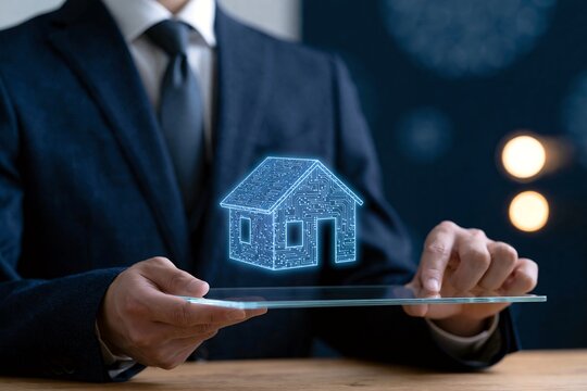 未来の不動産取引をデジタル技術で示すビジネスマン