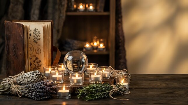 Open book with ornate cover beside glowing crystal ball surrounded by lit candles, dried lavender, and green herbs on wooden table for mystical, spiritual, and fortune telling themes.