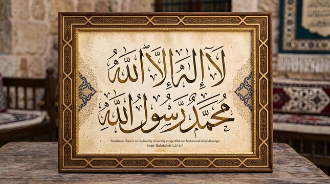 Arabic calligraphy artwork in ornate wooden frame displaying traditional script design