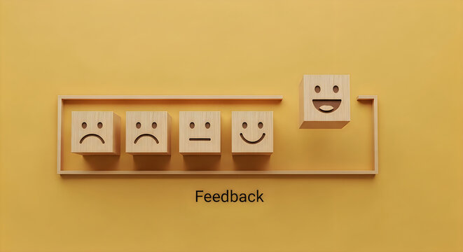 Wooden blocks with different facial expressions for feedback and customer satisfaction survey