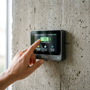 Smart home technology concept, hand adjusting digital thermostat, modern automation interface on concrete wall measuring temperature and humidity, energy efficiency control panel with touch